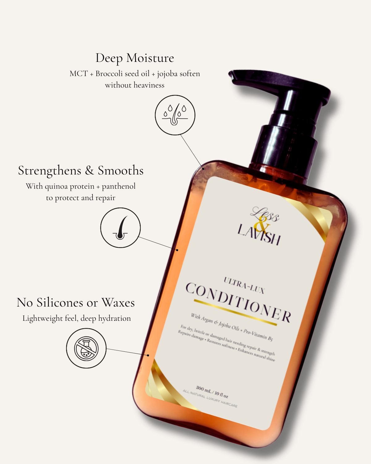 Less & Lavish Ultra-Lux Conditioner bottle with callouts for deep moisture, strengthened and smoothed strands, and a silicone-free, lightweight formula featuring MCT, broccoli seed oil, and quinoa protein.