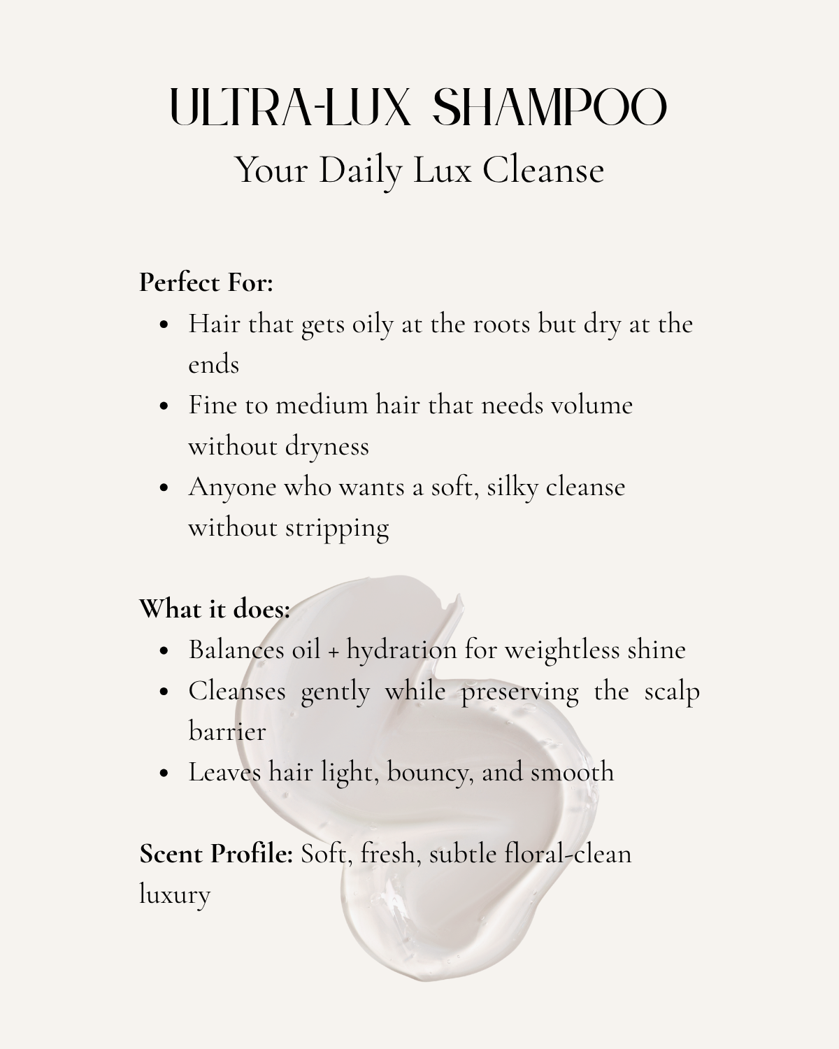 Less & Lavish Ultra-Lux Shampoo benefits guide showing who it’s perfect for and what it does, with a clear creamy texture swatch emphasizing deep non-stripping clean, frizz reduction, and soft shine.