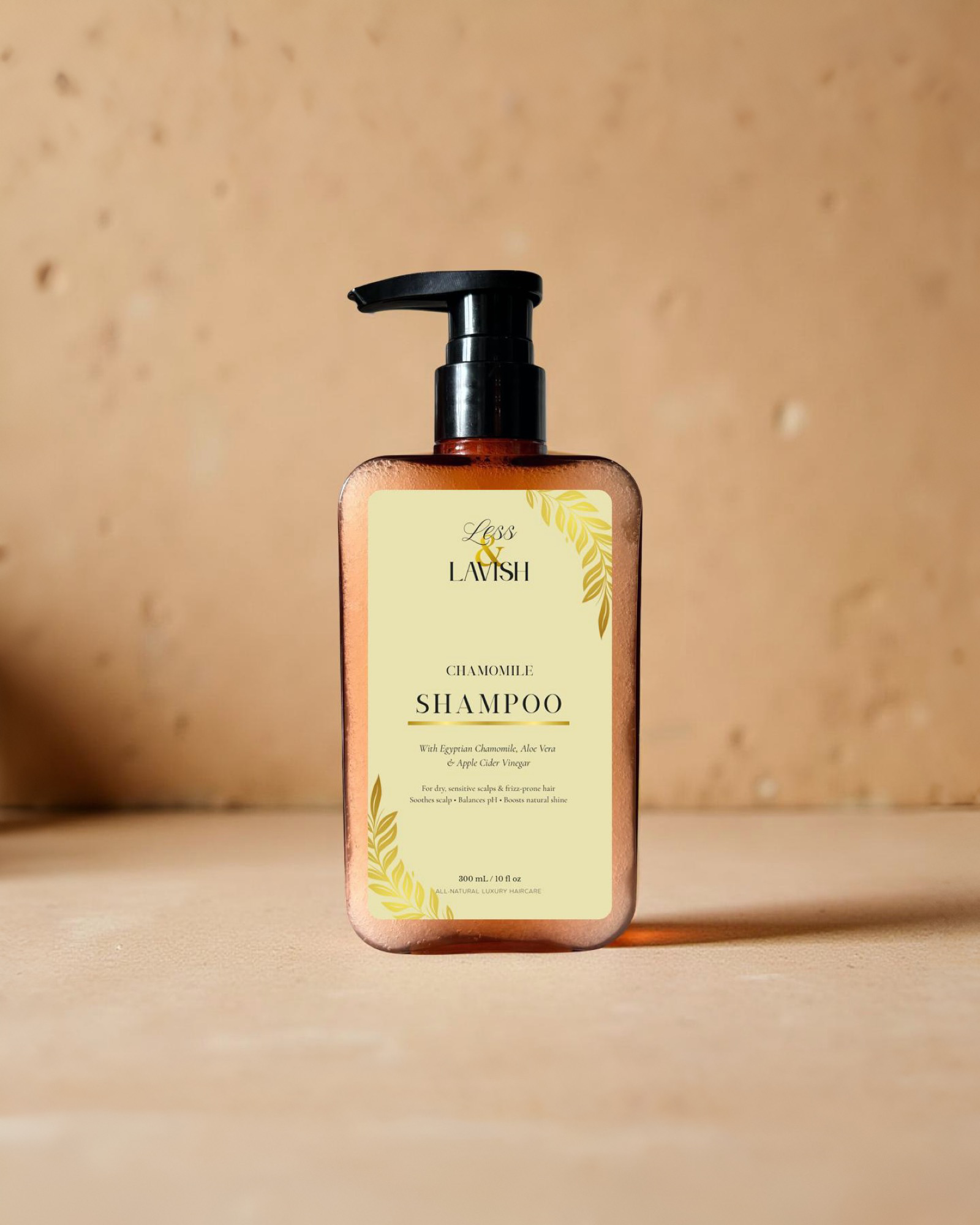Less & Lavish Chamomile shampoo bottle minimal, natural background
