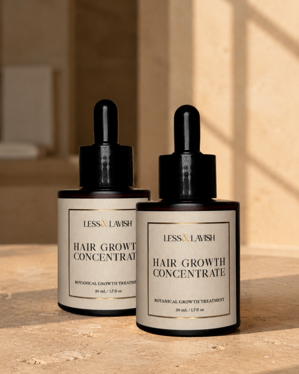 Two bottles of Less & Lavish Hair Growth Concentrate on a wooden surface with a neutral background.