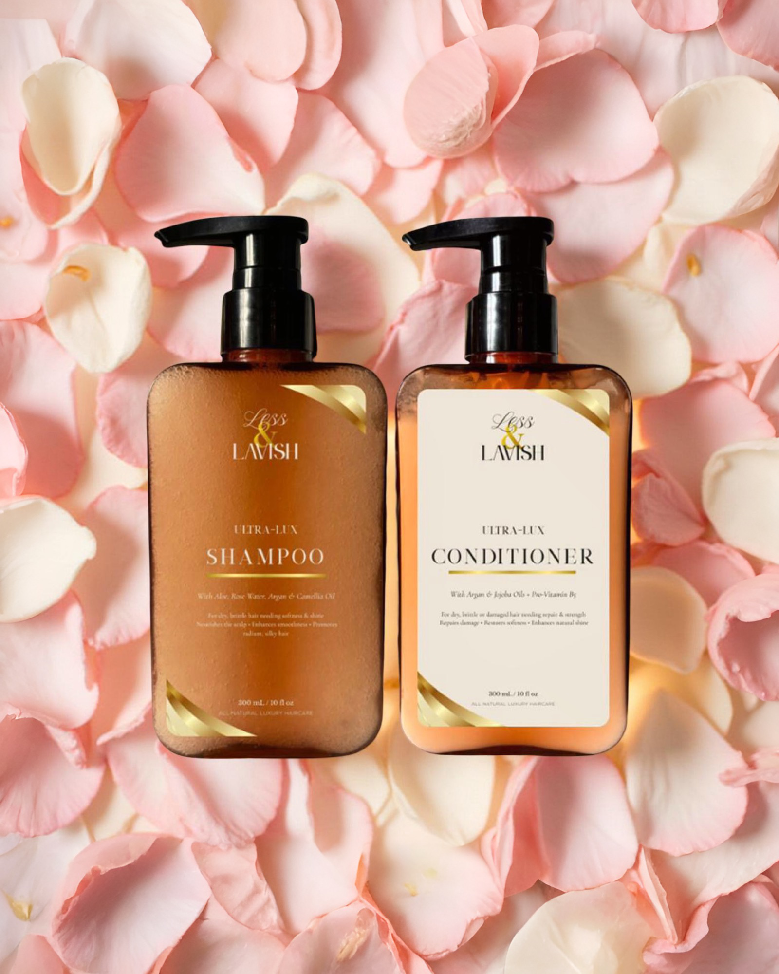  Less & Lavish Shampoo and Conditioner Duo bottles on a bed of pink and white flowers
