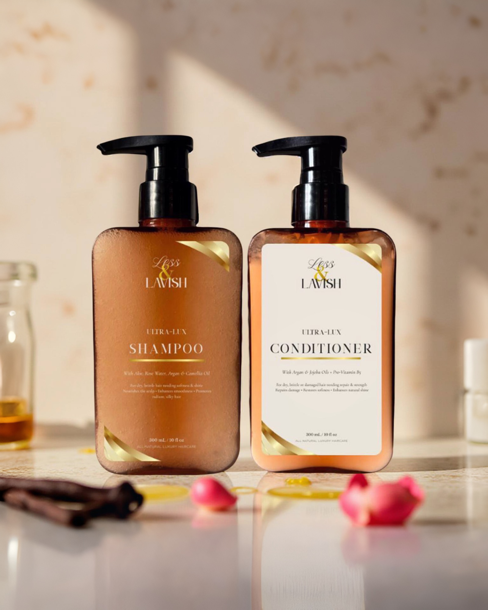  Less & Lavish Shampoo and Conditioner Duo bottles on a reflective surface with a neutral background