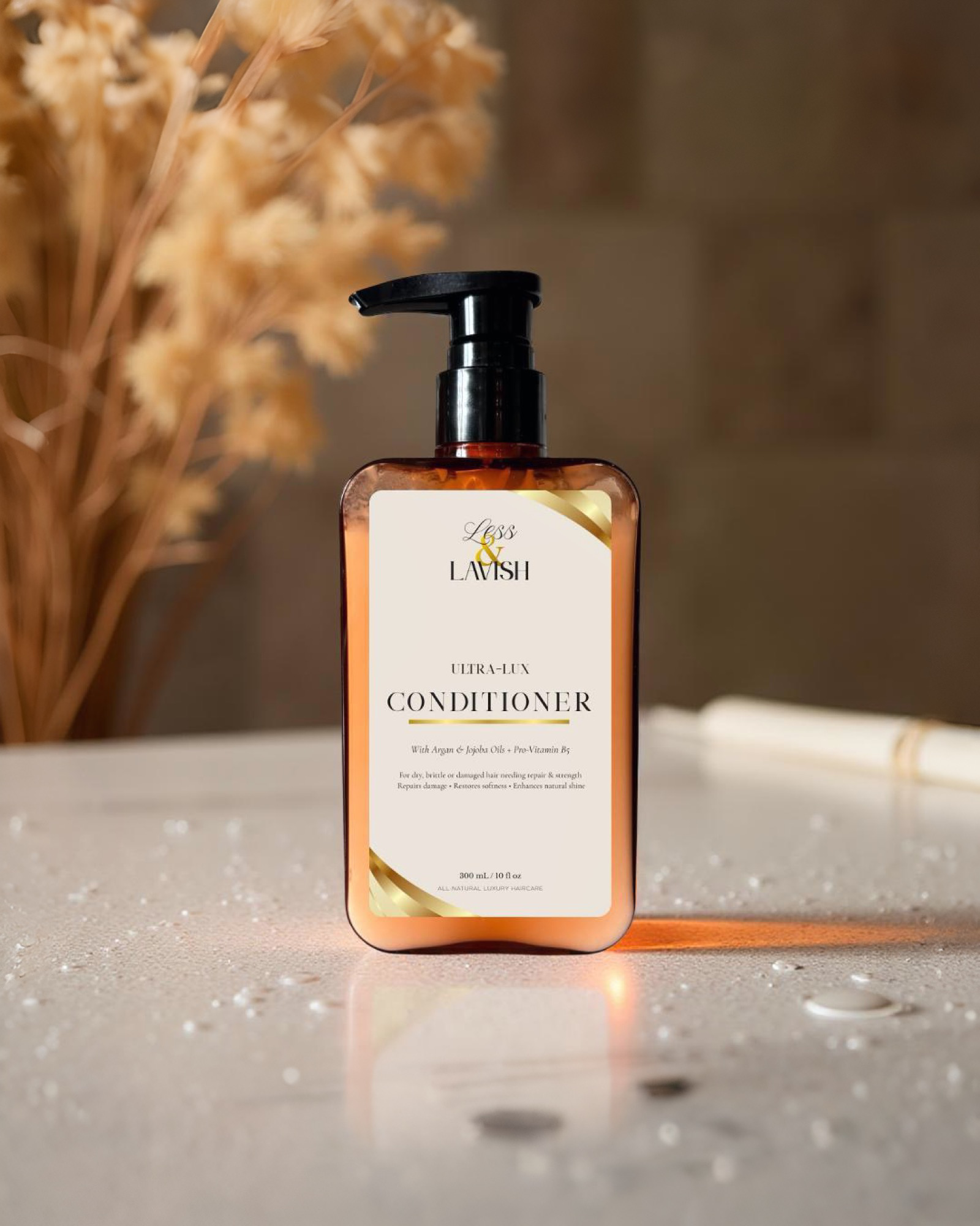 Less & Lavish Ultra-Lux Conditioner bottle on a reflective surface with dried flowers in the background
