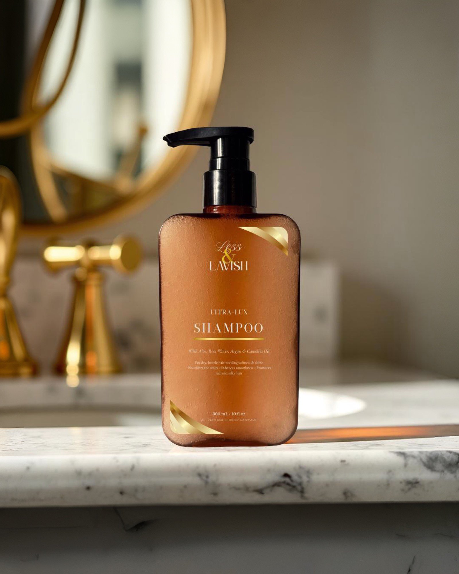 Less & Lavish Ultra Lux Shampoo bottle on a marble countertop with a blurred background