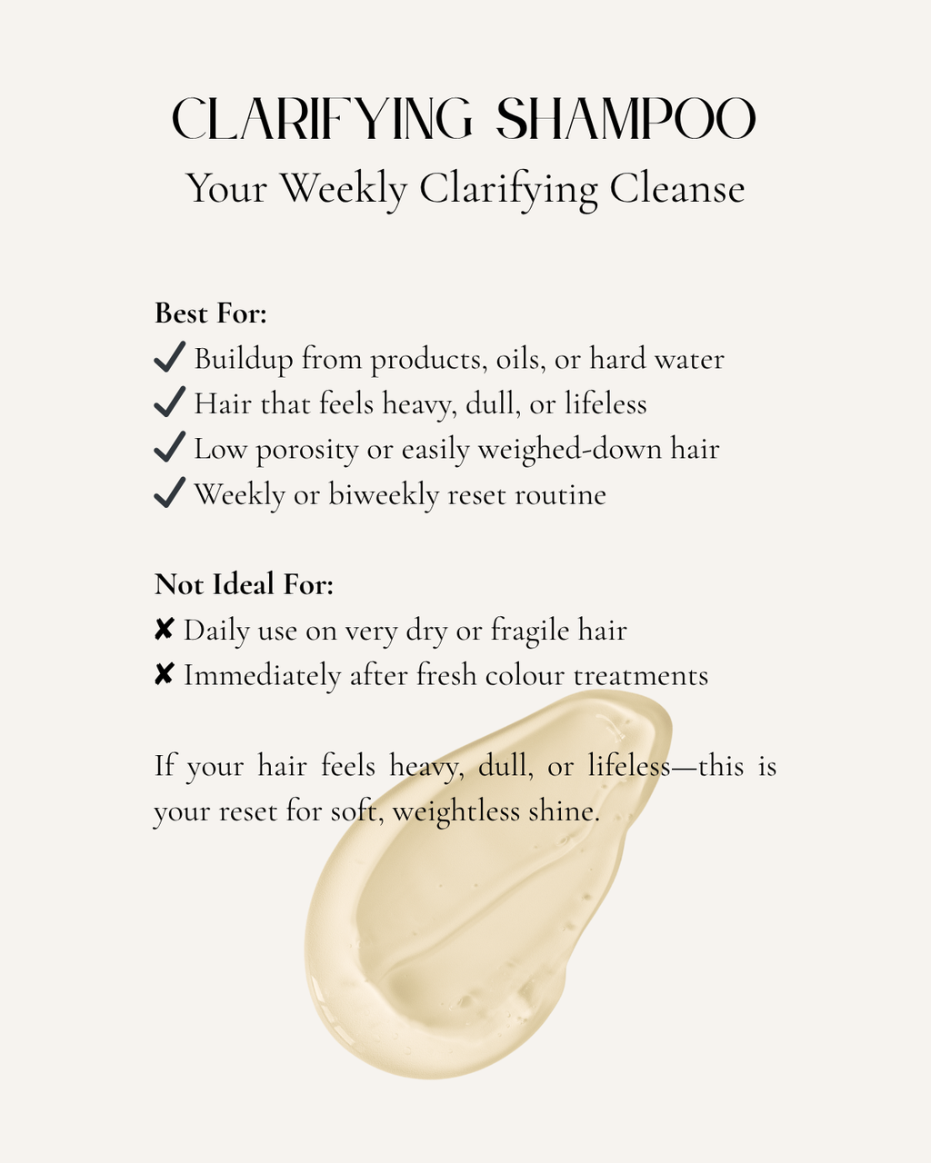 Clarifying shampoo product with usage instructions on a white background